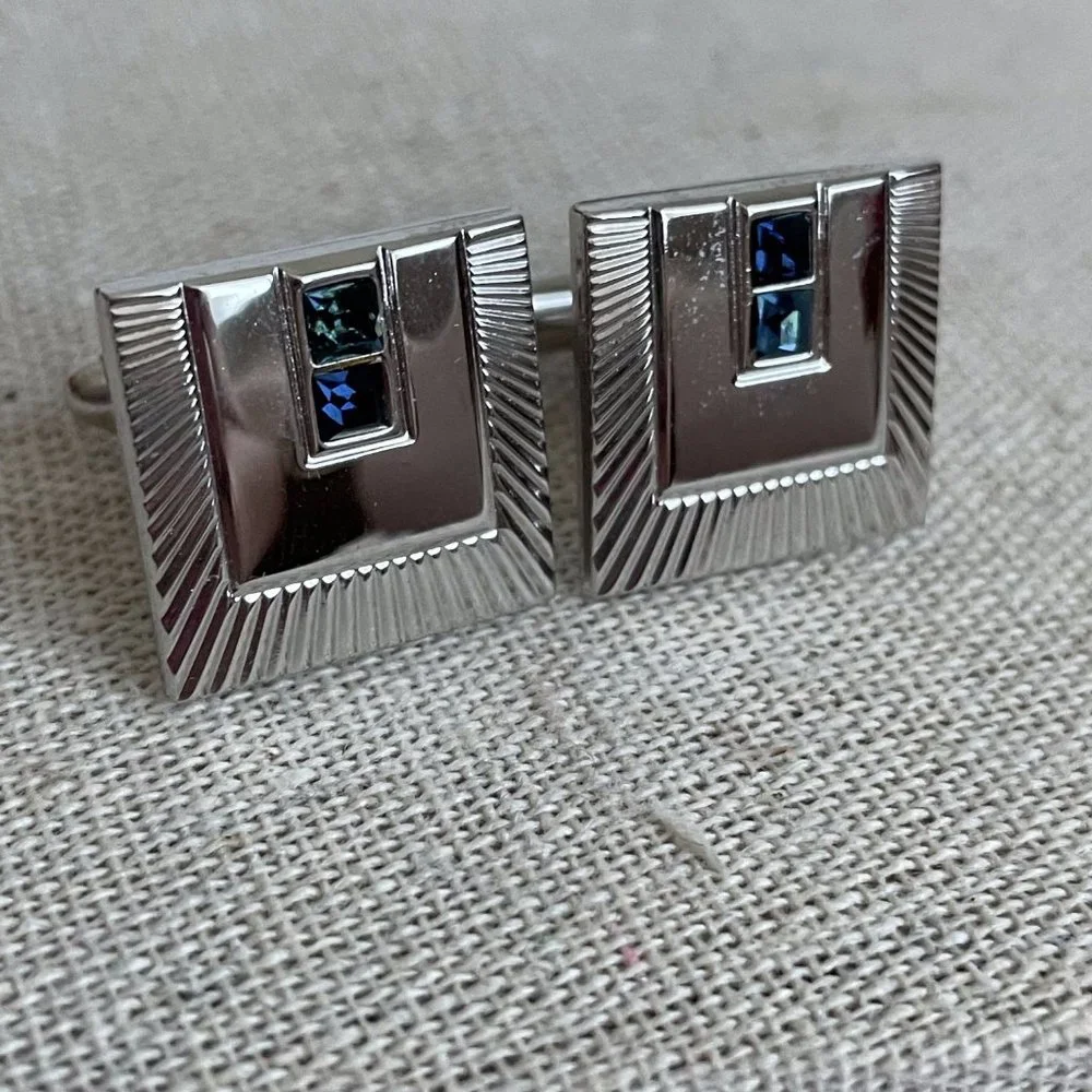 Vintage Shields Signed Silver Tone Blue Rhinestone Cuff Links